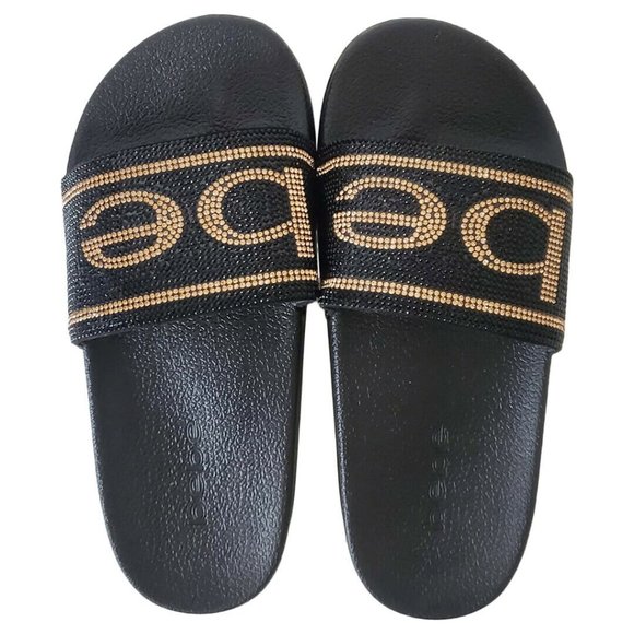 NWT BEBE WOMEN'S BLACK RHINESTONES SLIDES SANDALS - Picture 2 of 8